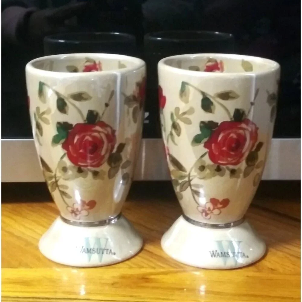 2 Lenox Bathroom Tumblers Wamsutta Springs Floral glazed Ceramic taupe beige